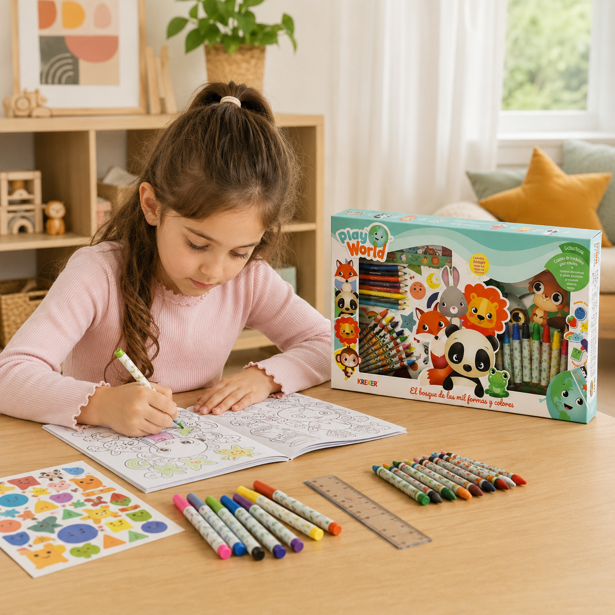 Set de Arte Infantil Play World – Cuento Bilingüe para Pintar con Fibras, Crayones y Stickers