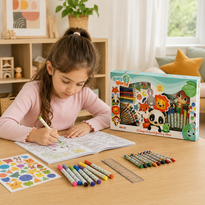 Set de Arte Infantil Play World – Cuento Bilingüe para Pintar con Fibras, Crayones y Stickers