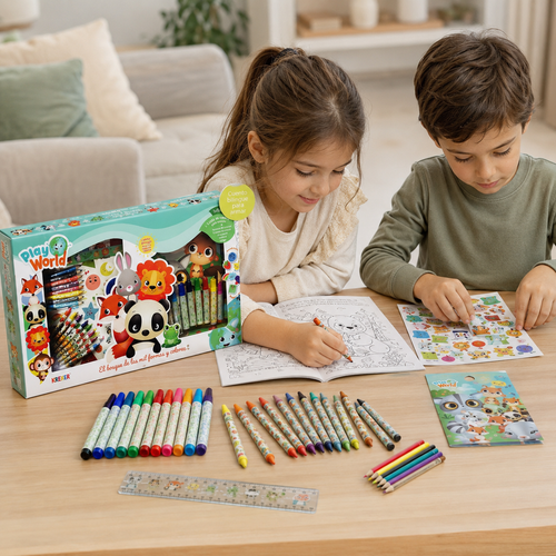 Set de Arte Infantil Play World – Cuento Bilingüe para Pintar con Fibras, Crayones y Stickers
