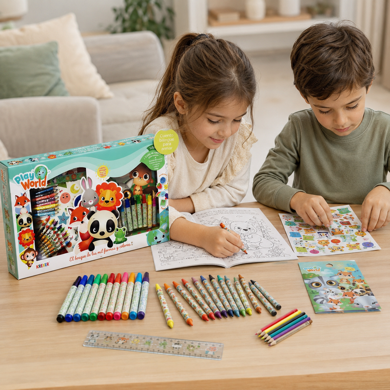 Set de Arte Infantil Play World – Cuento Bilingüe para Pintar con Fibras, Crayones y Stickers
