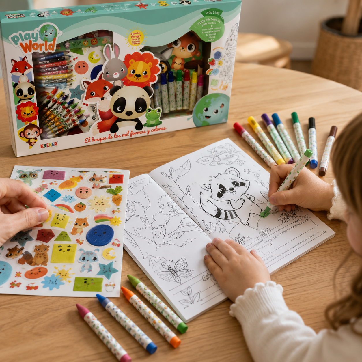 Set de Arte Infantil Play World – Cuento Bilingüe para Pintar con Fibras, Crayones y Stickers