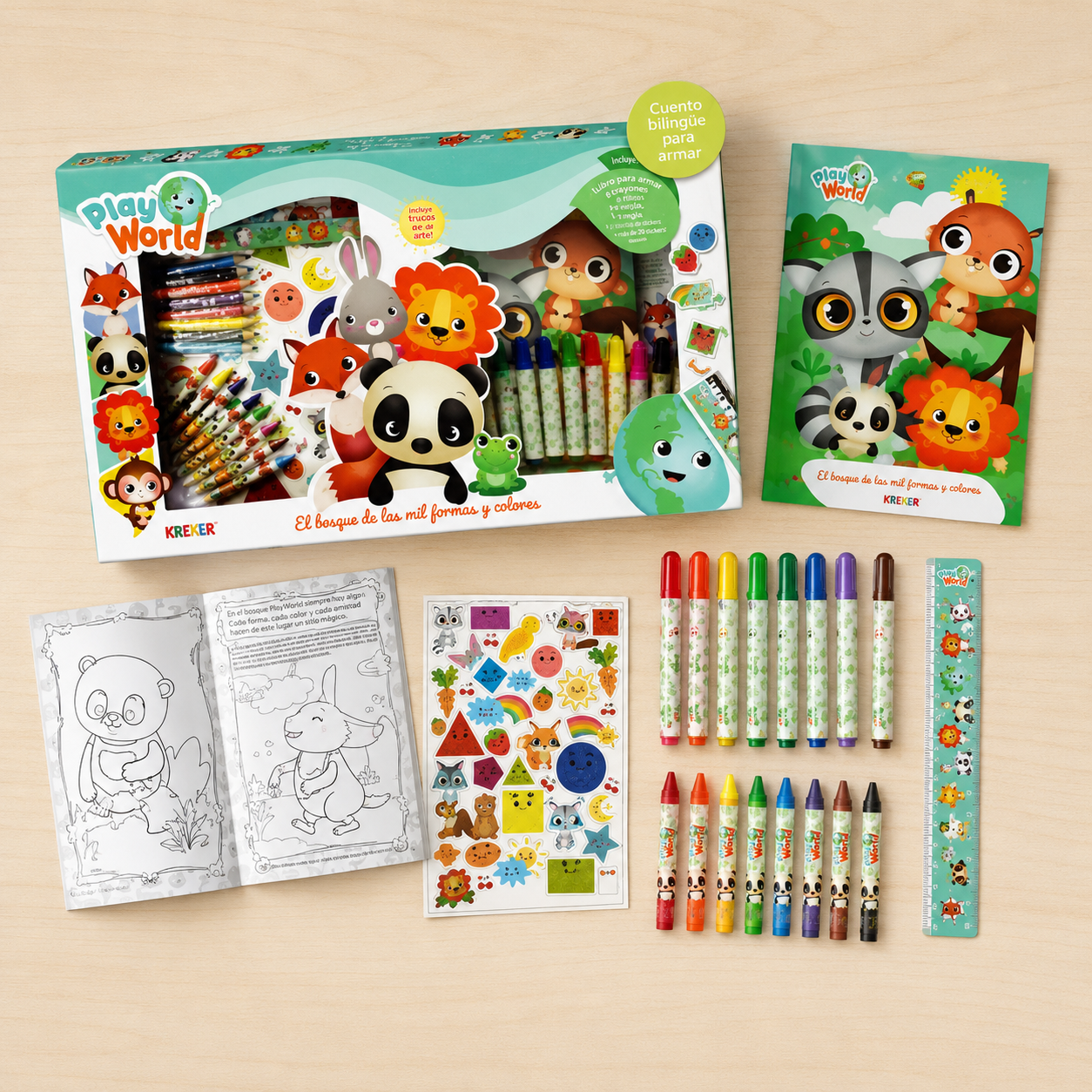 Set de Arte Infantil Play World – Cuento Bilingüe para Pintar con Fibras, Crayones y Stickers