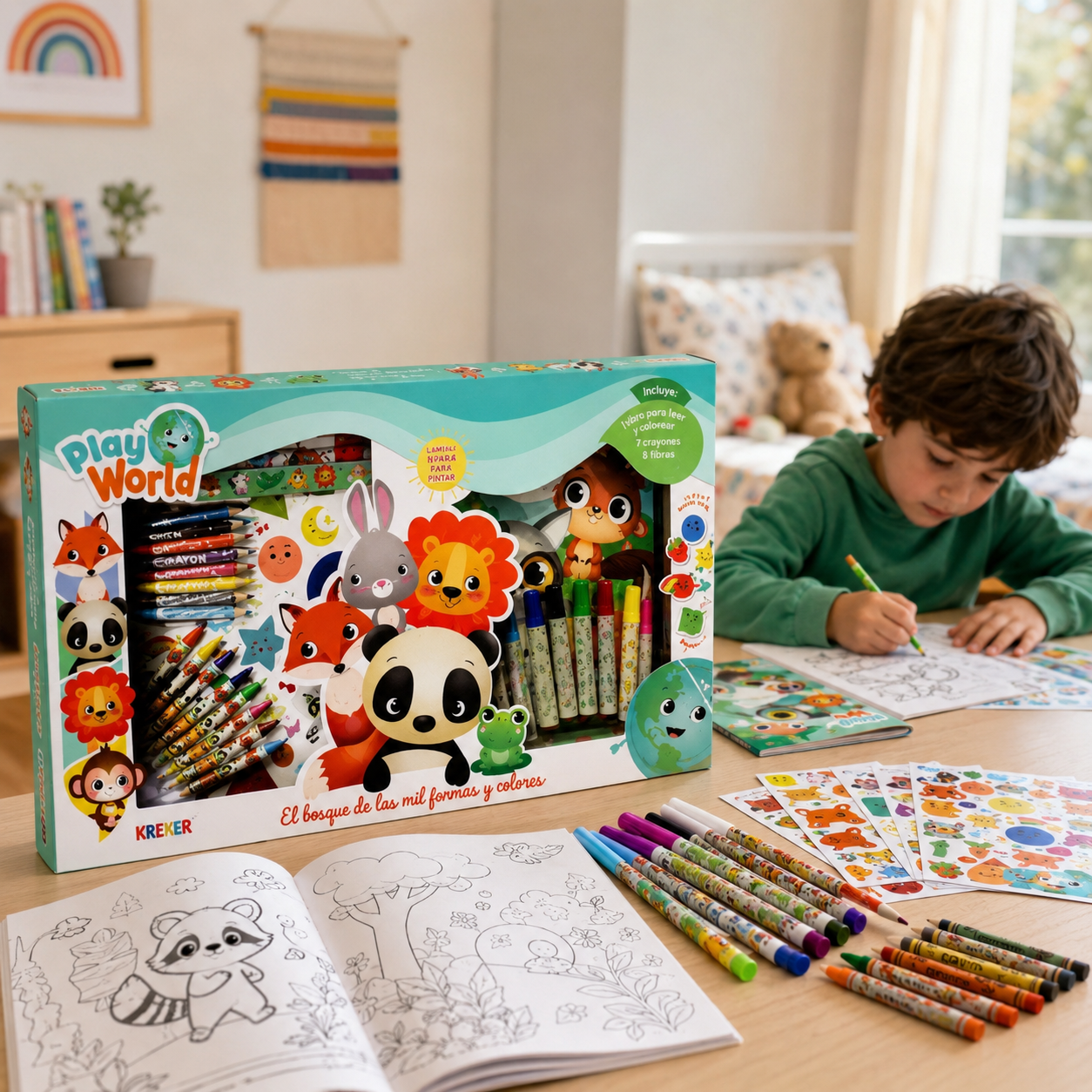 Set de Arte Infantil Play World – Cuento Bilingüe para Pintar con Fibras, Crayones y Stickers
