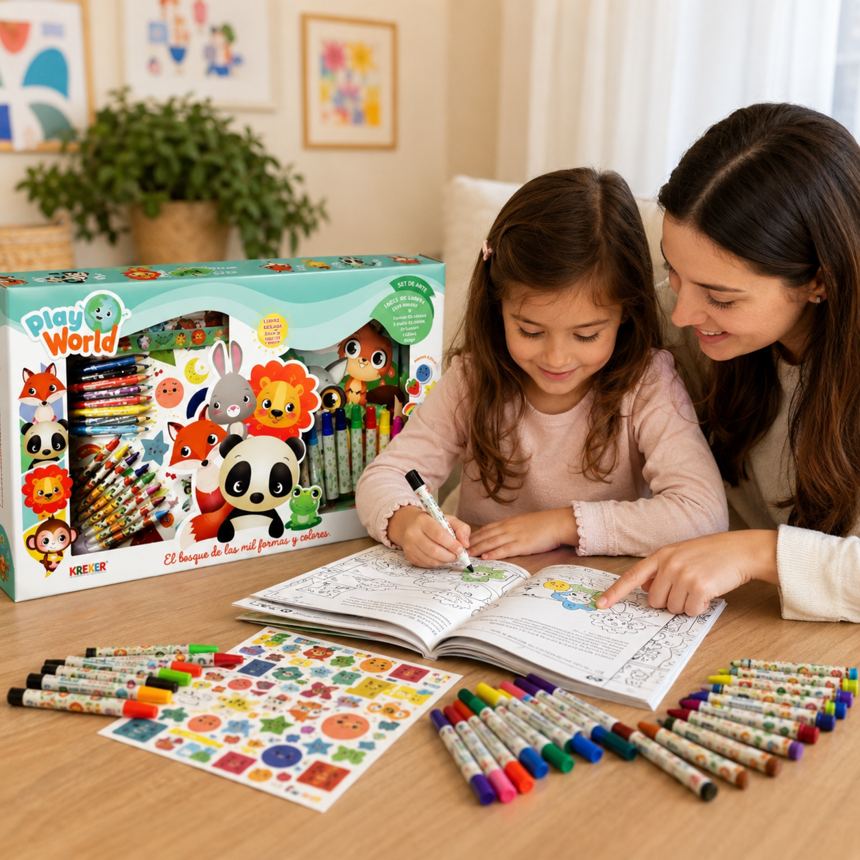 Set de Arte Infantil Play World – Cuento Bilingüe para Pintar con Fibras, Crayones y Stickers