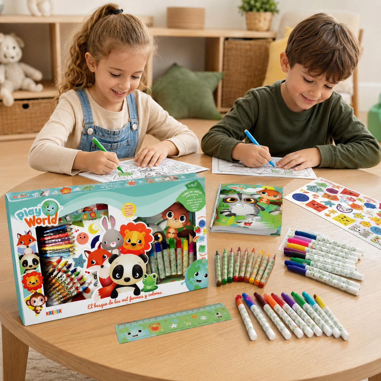 Set de Arte Infantil Play World – Cuento Bilingüe para Pintar con Fibras, Crayones y Stickers