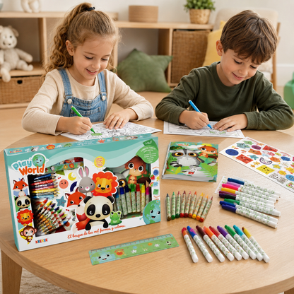 Set de Arte Infantil Play World – Cuento Bilingüe para Pintar con Fibras, Crayones y Stickers