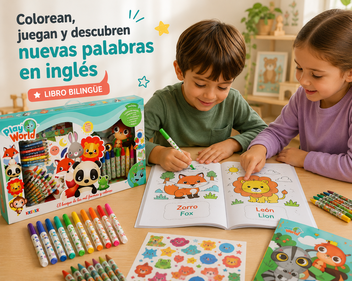 Set de Arte Infantil Play World – Cuento Bilingüe para Pintar con Fibras, Crayones y Stickers
