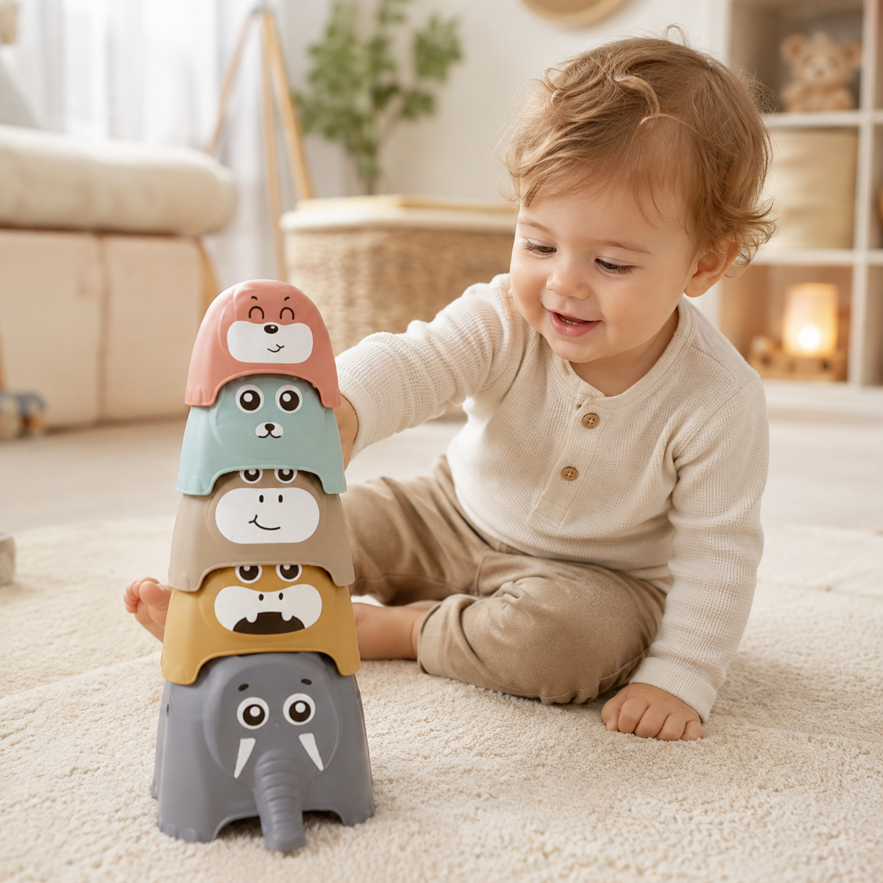 Torre de Animalitos Apilables y Encastrables para Bebés – Juego de Motricidad
