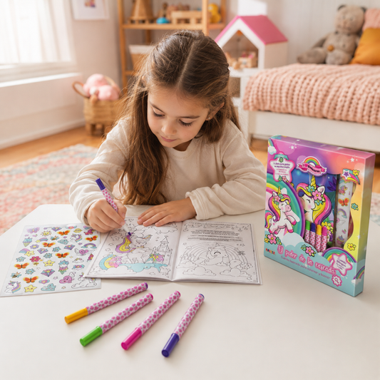 Libro Bilingüe de Unicornios para Colorear – El Poder de la Cascada con Fibras y Stickers