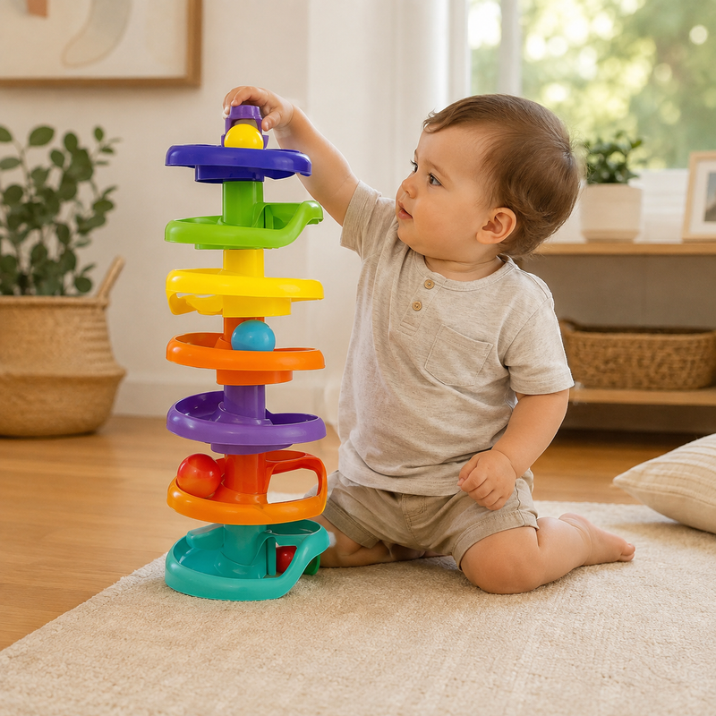 Torre de Bolas en Espiral para Bebés – Juguete de Causa y Efecto