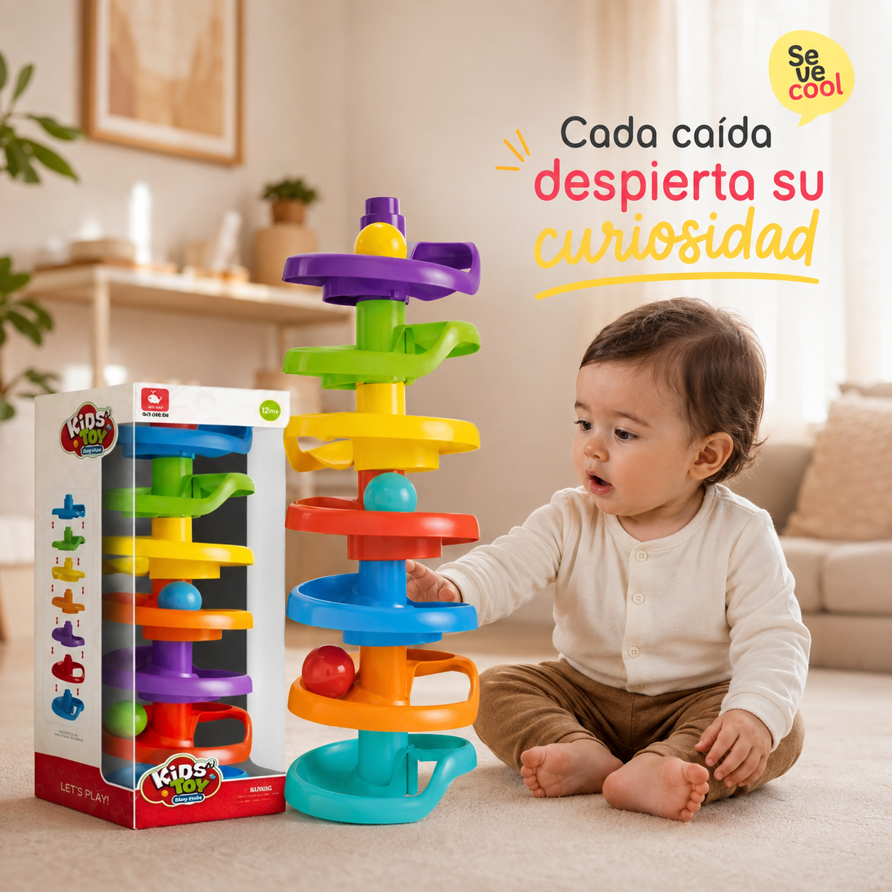 Torre de Bolas en Espiral para Bebés – Juguete de Causa y Efecto