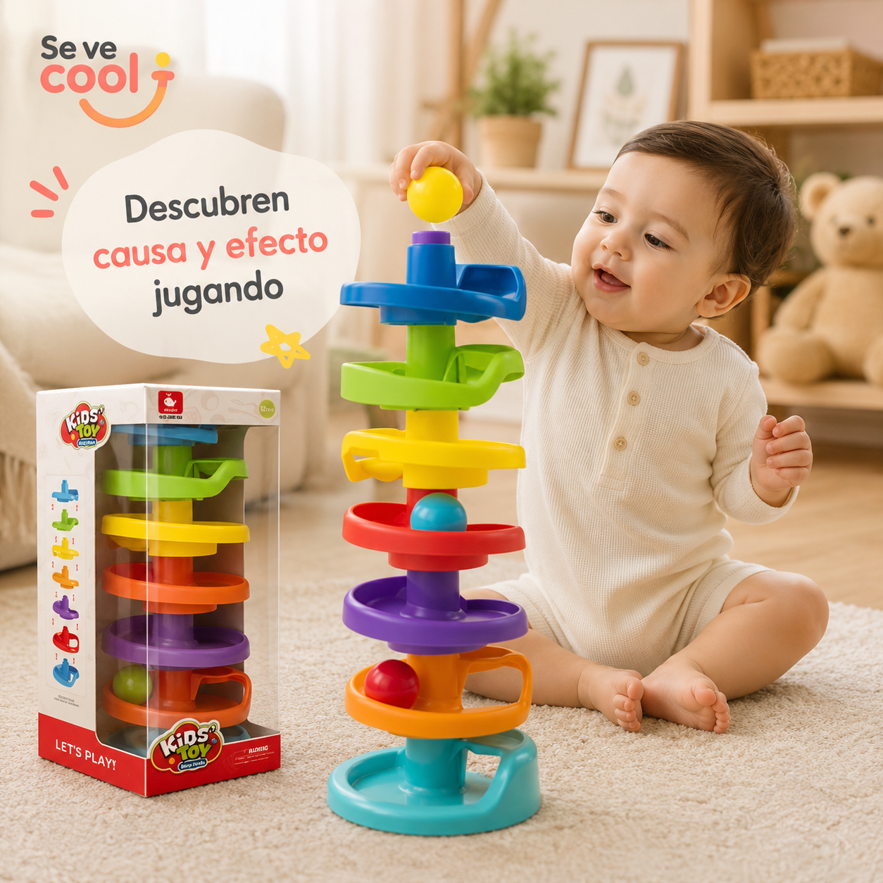Torre de Bolas en Espiral para Bebés – Juguete de Causa y Efecto