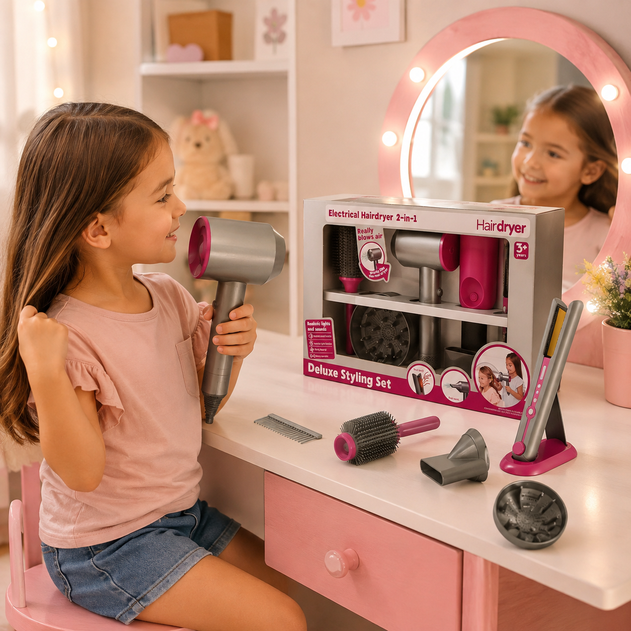 Set de Peluquería Infantil con Secador que Tira Aire, Luz, Sonido y Planchita