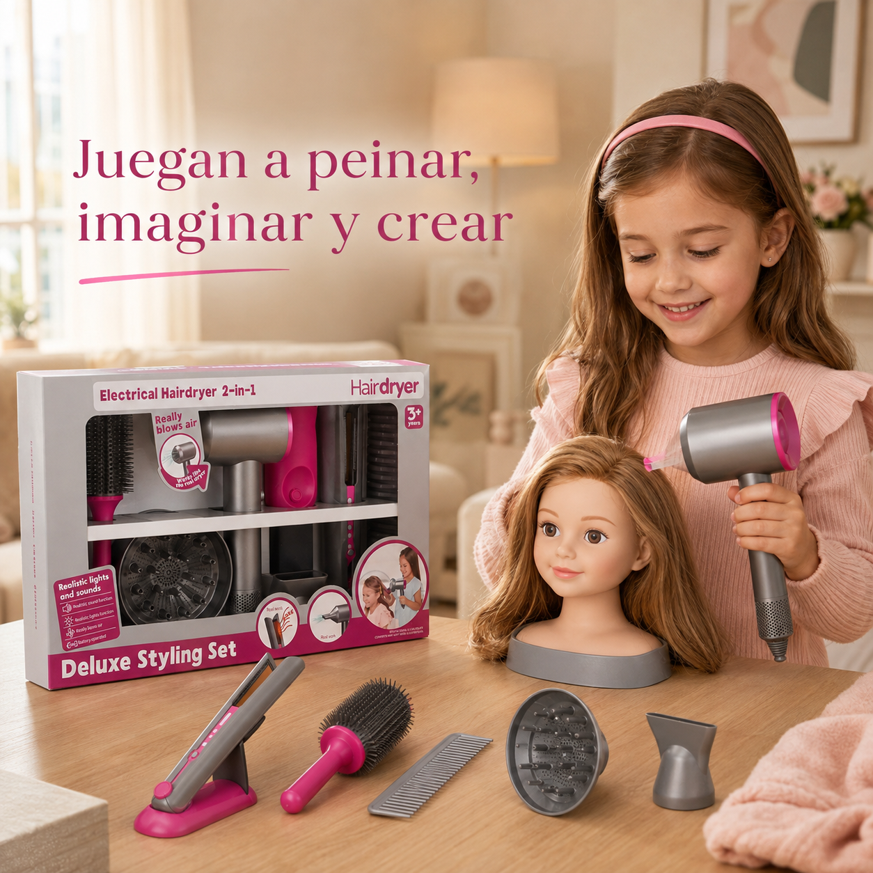Set de Peluquería Infantil con Secador que Tira Aire, Luz, Sonido y Planchita