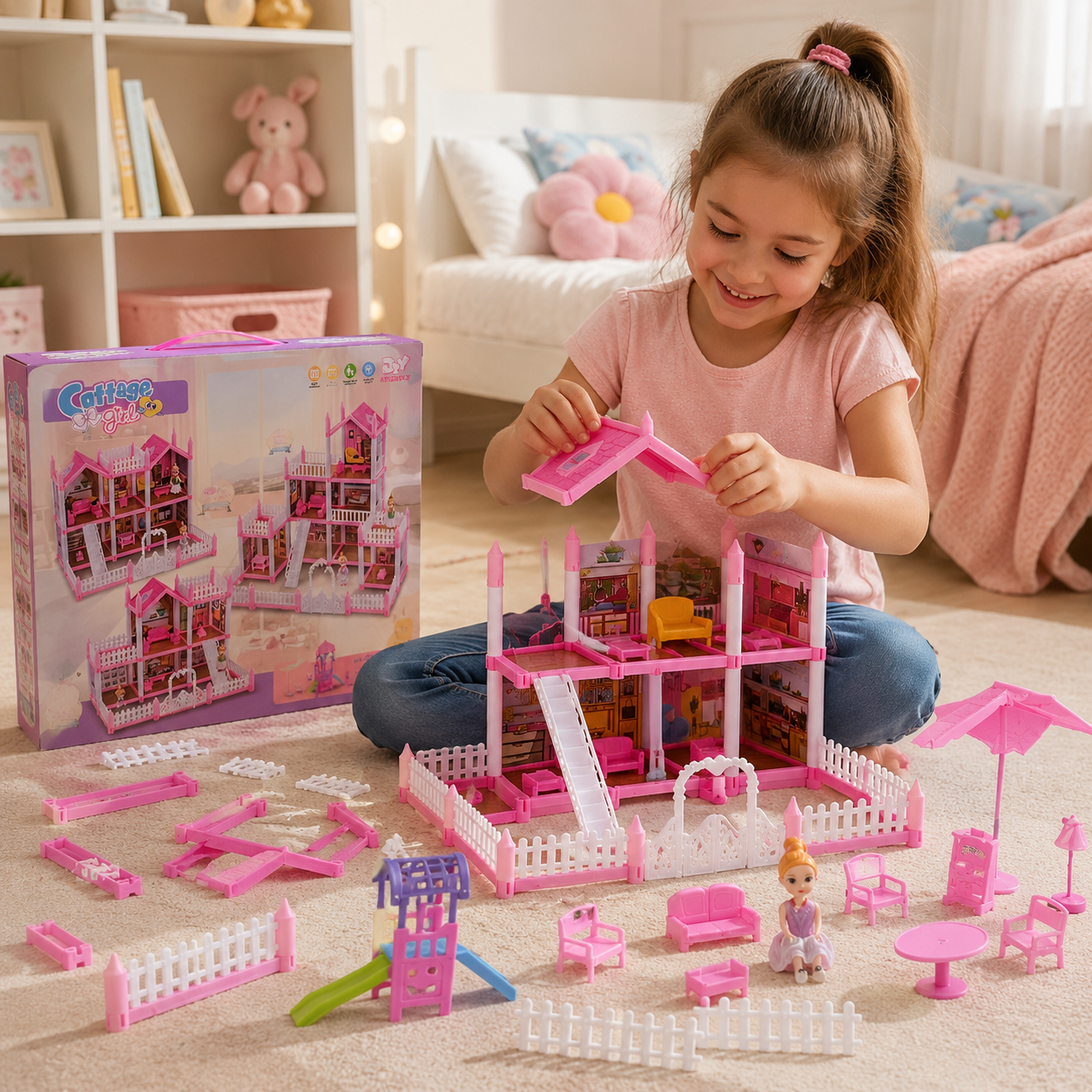 Casita de Muñecas para Armar 153 Piezas con Muñeca, Muebles y Accesorios