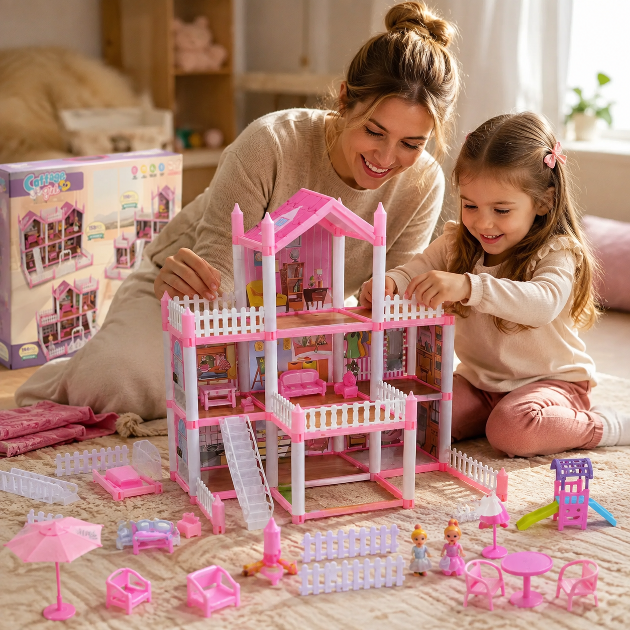 Casita de Muñecas para Armar 153 Piezas con Muñeca, Muebles y Accesorios