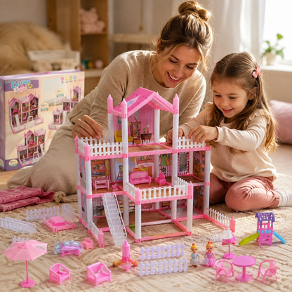 Casita de Muñecas para Armar 153 Piezas con Muñeca, Muebles y Accesorios