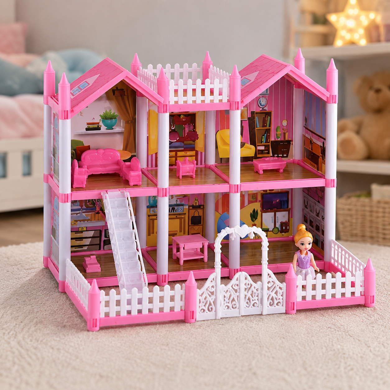 Casita de Muñecas para Armar 153 Piezas con Muñeca, Muebles y Accesorios