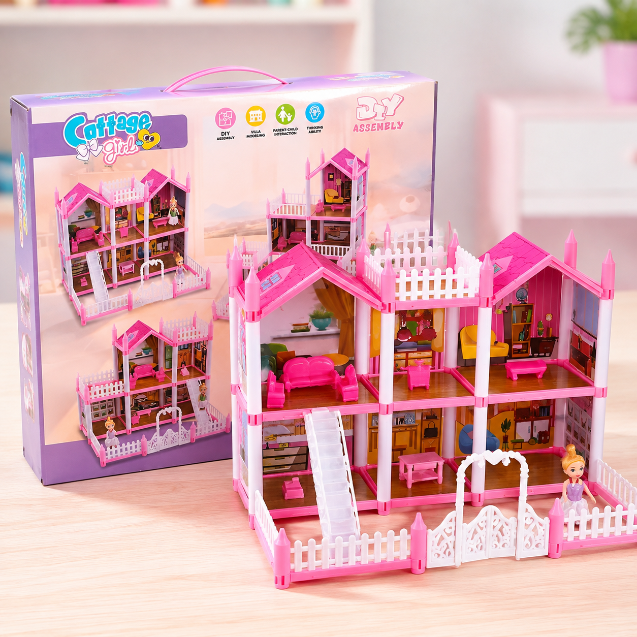 Casita de Muñecas para Armar 153 Piezas con Muñeca, Muebles y Accesorios
