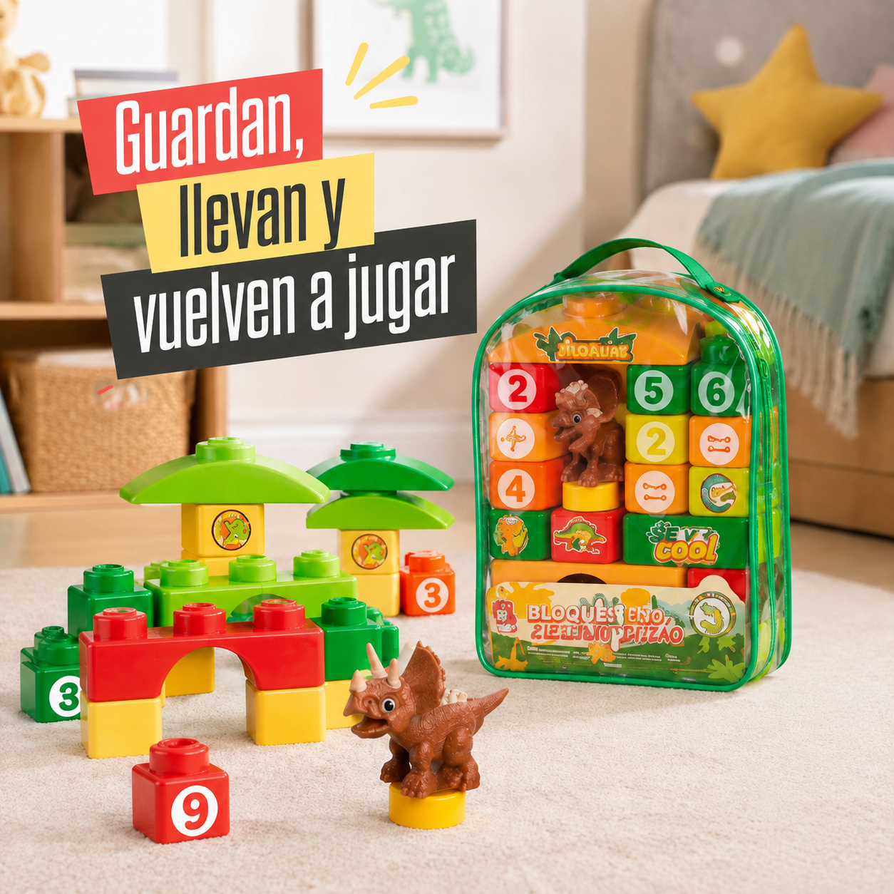 Bloques de Construcción con Dinosaurio – Set Infantil de 26 Piezas con Mochila