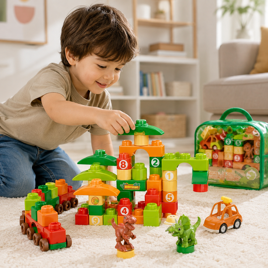 Bloques de Construcción Dinosaurio y Vehiculo – Set Infantil de 59 Piezas con Mochila