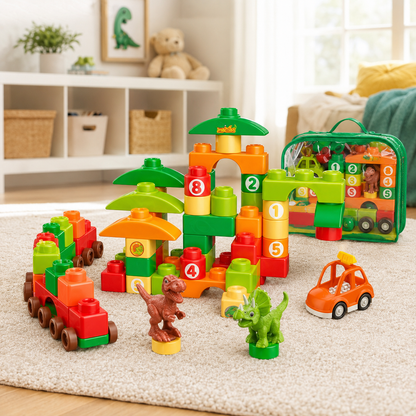 Bloques de Construcción Dinosaurio y Vehiculo – Set Infantil de 59 Piezas con Mochila