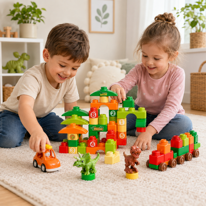 Bloques de Construcción Dinosaurio y Vehiculo – Set Infantil de 59 Piezas con Mochila