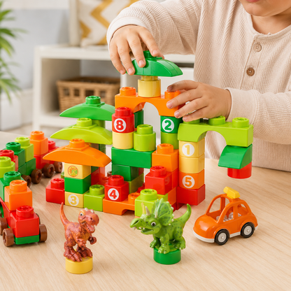 Bloques de Construcción Dinosaurio y Vehiculo – Set Infantil de 59 Piezas con Mochila