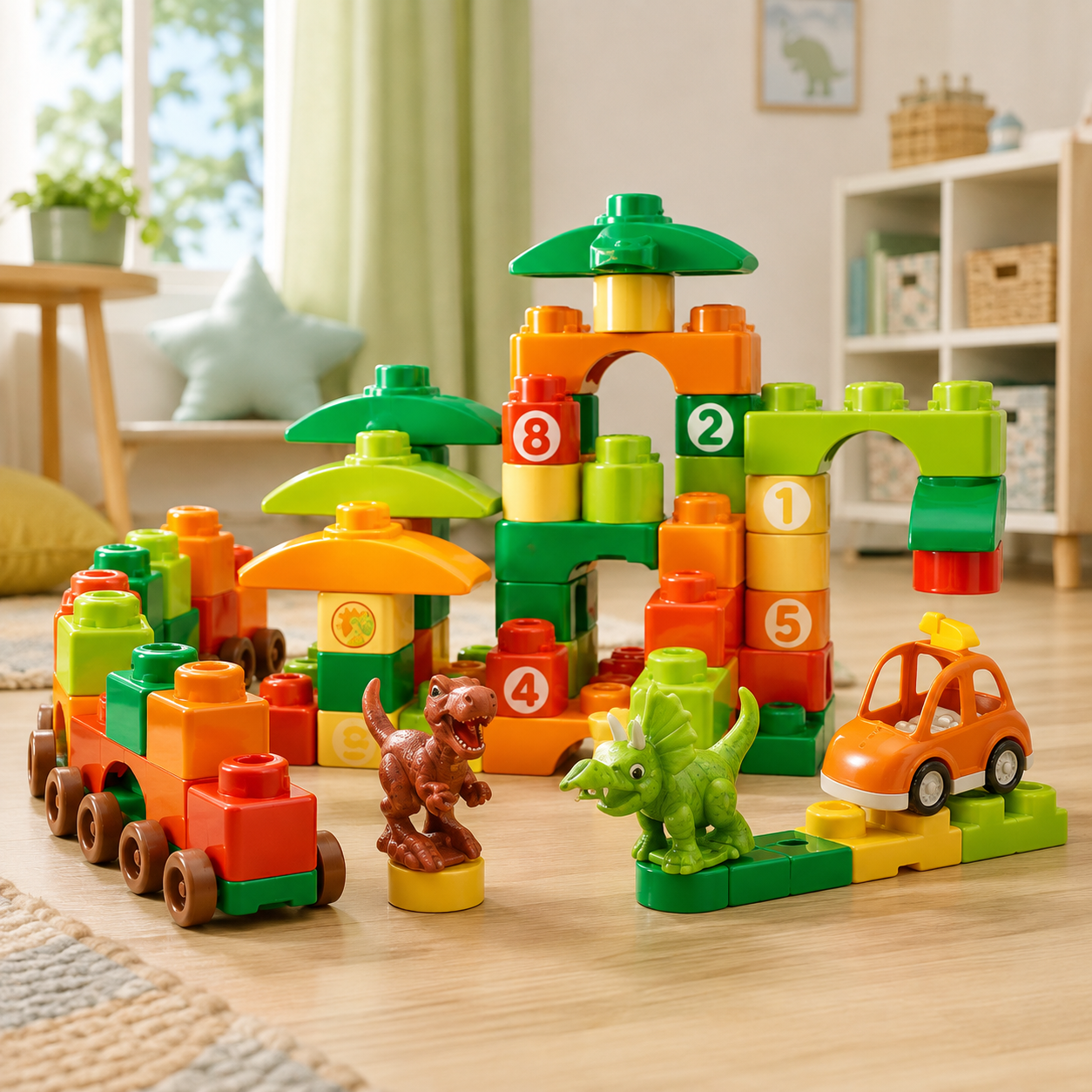 Bloques de Construcción Dinosaurio y Vehiculo – Set Infantil de 59 Piezas con Mochila