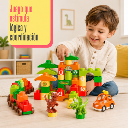 Bloques de Construcción Dinosaurio y Vehiculo – Set Infantil de 59 Piezas con Mochila