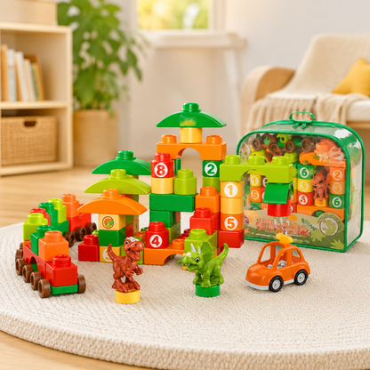Bloques de Construcción Dinosaurio y Vehiculo – Set Infantil de 59 Piezas con Mochila