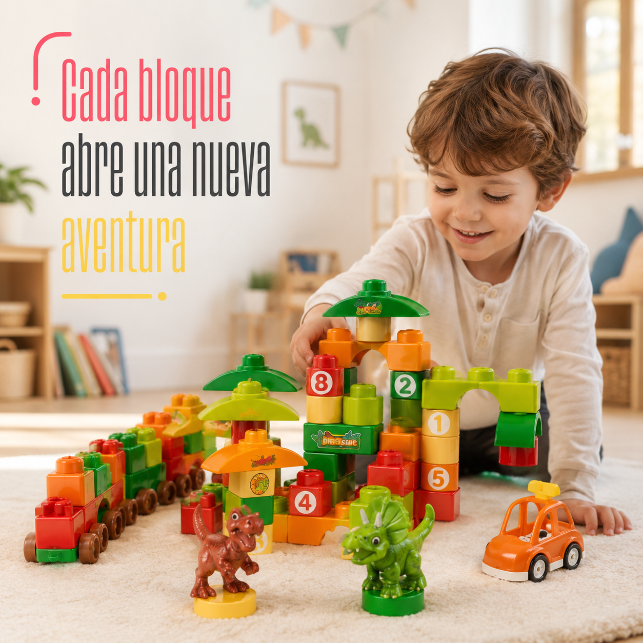 Bloques de Construcción Dinosaurio y Vehiculo – Set Infantil de 59 Piezas con Mochila