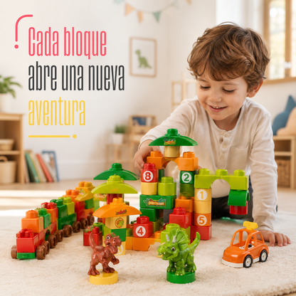 Bloques de Construcción Dinosaurio y Vehiculo – Set Infantil de 59 Piezas con Mochila
