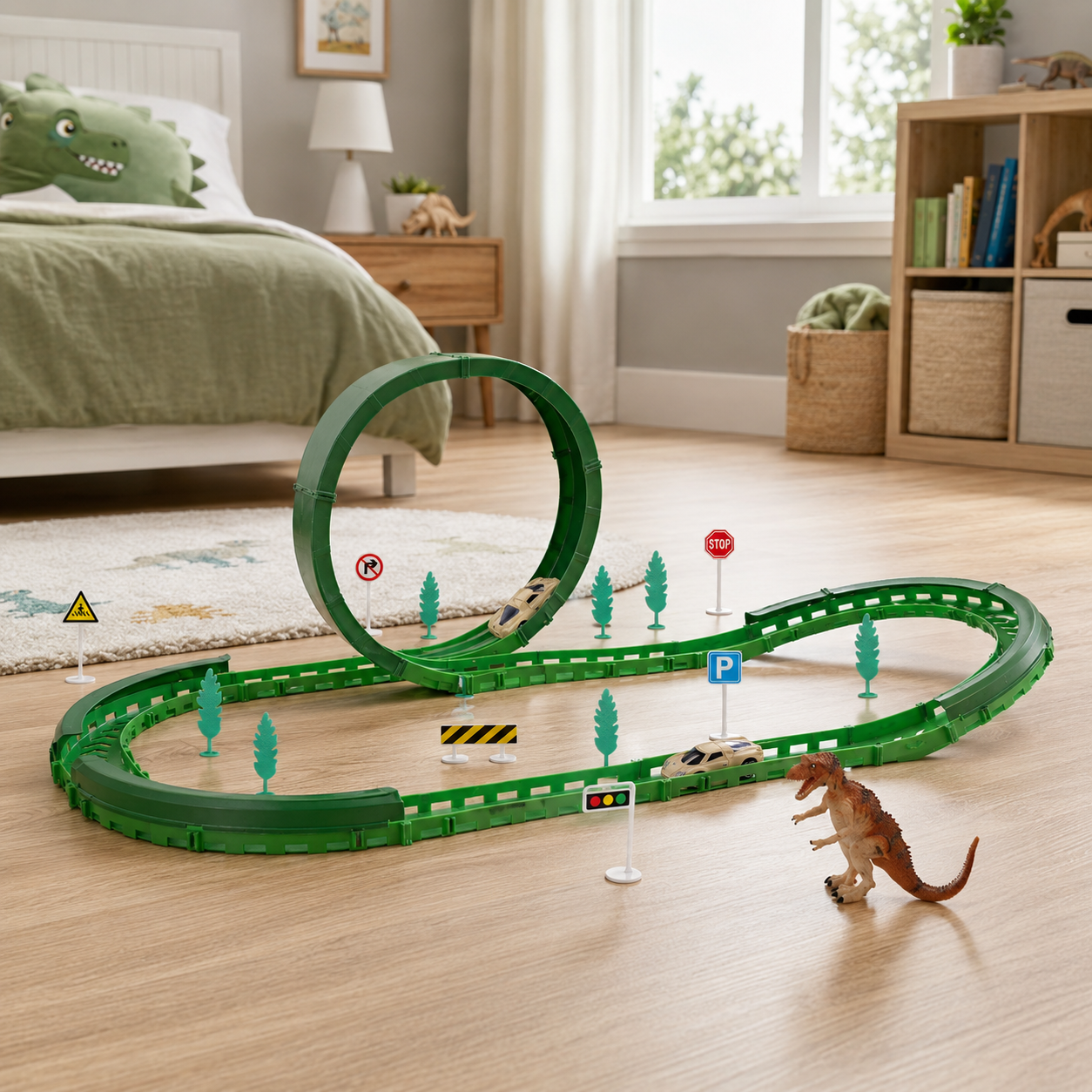 Pista de Autos Dinosaur Track Racers Recargable USB con Loop y 57 Piezas