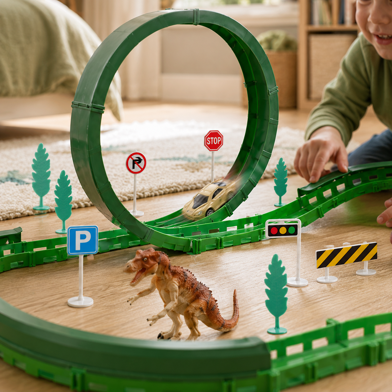 Pista de Autos Dinosaur Track Racers Recargable USB con Loop y 57 Piezas