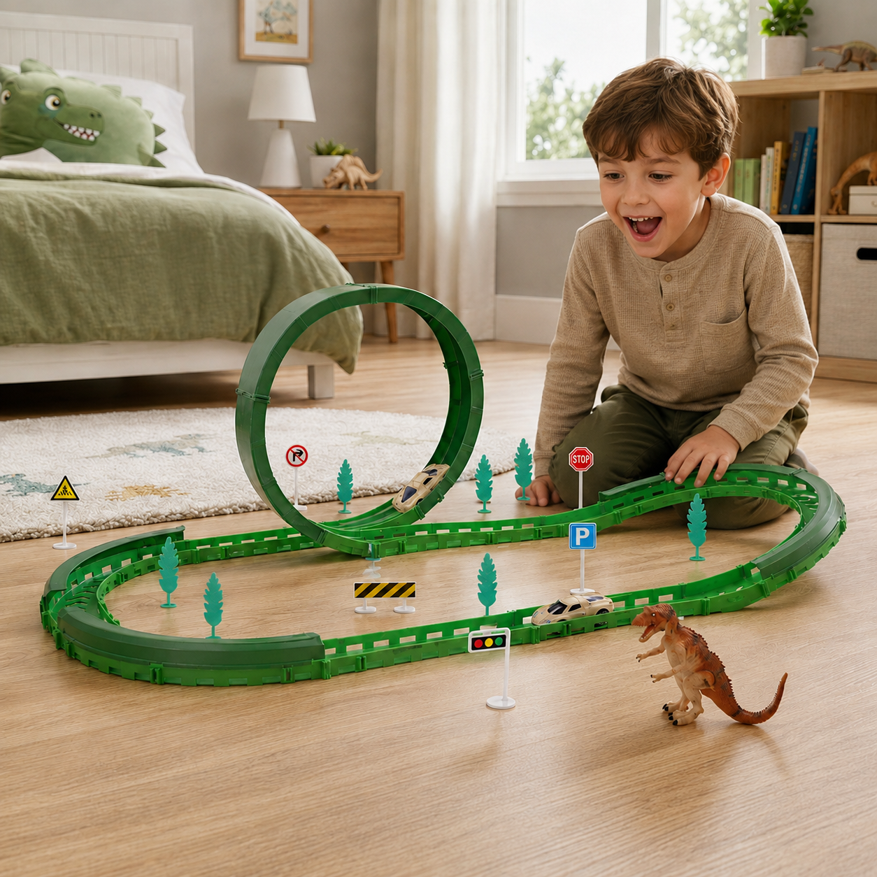 Pista de Autos Dinosaur Track Racers Recargable USB con Loop y 57 Piezas