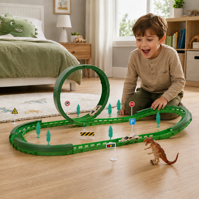 Pista de Autos Dinosaur Track Racers Recargable USB con Loop y 57 Piezas