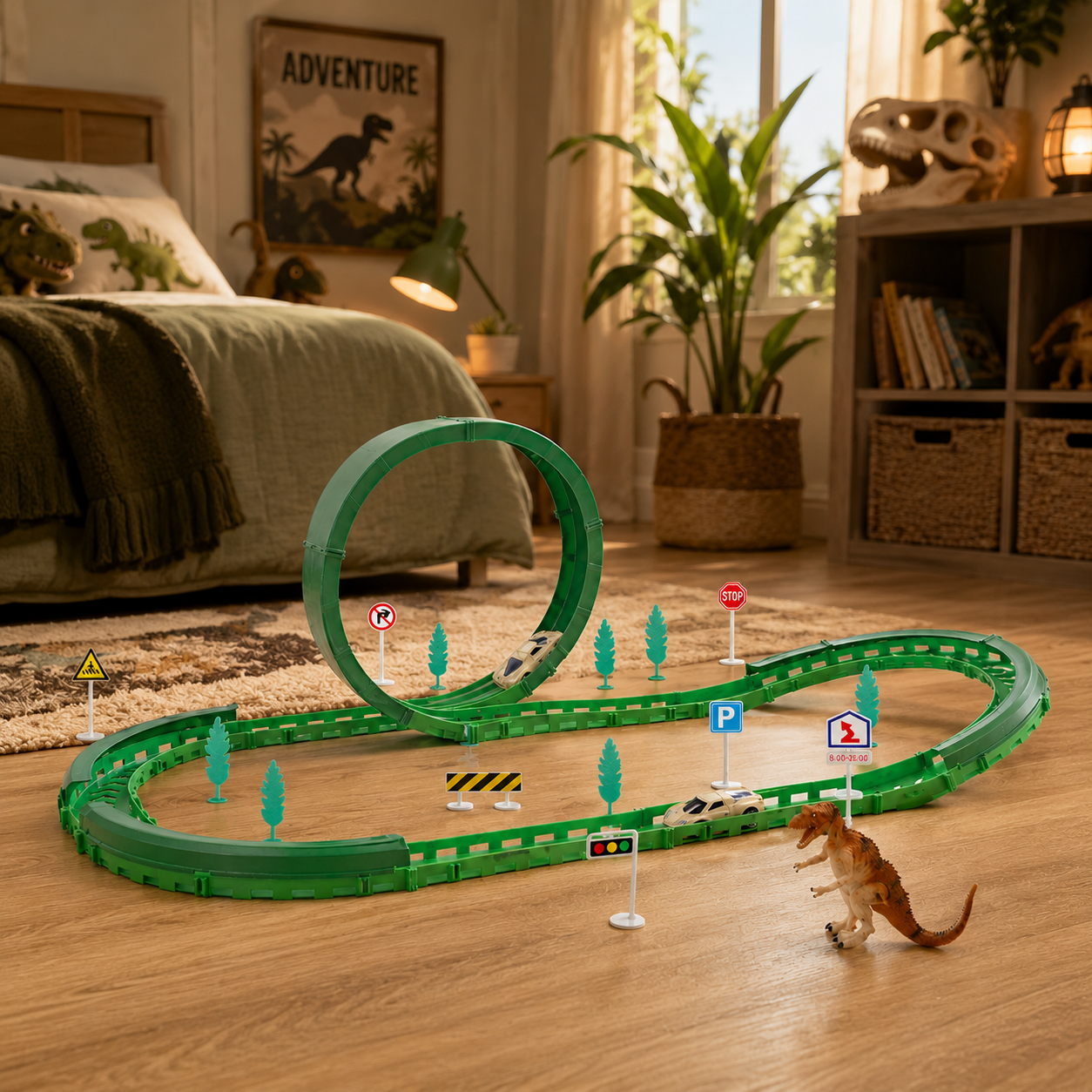 Pista de Autos Dinosaur Track Racers Recargable USB con Loop y 57 Piezas