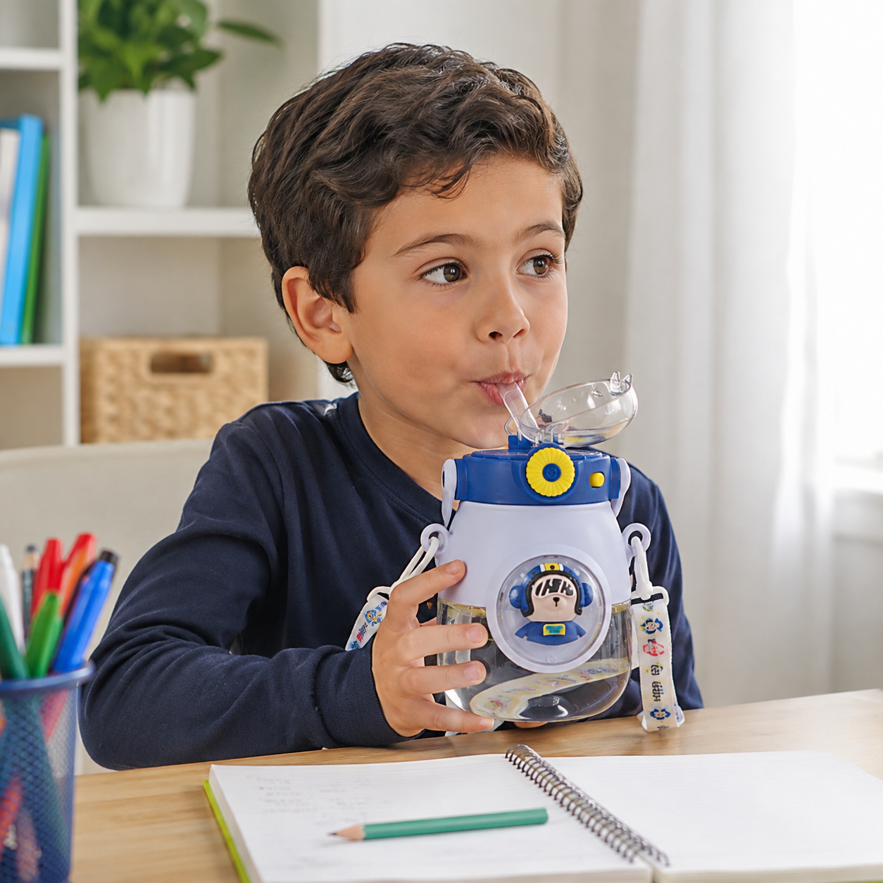 Botella Infantil 900 ml Antiderrame con Sorbito, Botón y Correa – Diseño Espacial