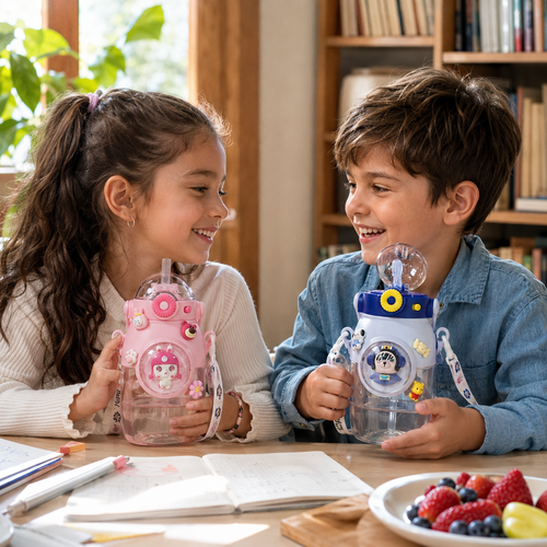 Botella Infantil 900 ml Antiderrame con Sorbito, Botón y Correa – Diseño Espacial