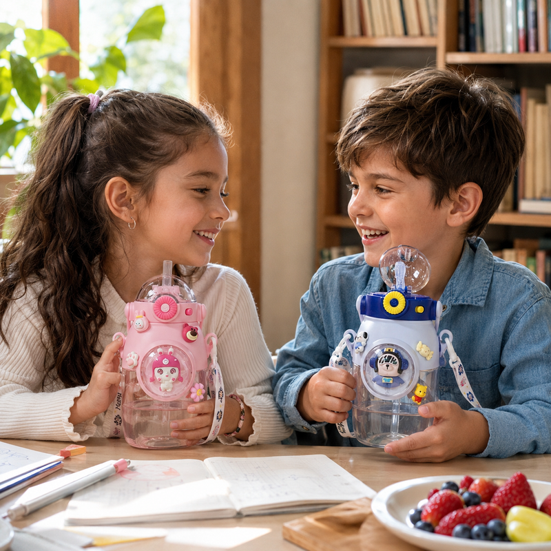 Botella Infantil 900 ml Antiderrame con Sorbito, Botón y Correa – Diseño Espacial