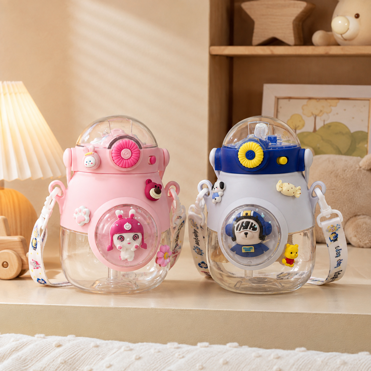 Botella Infantil 900 ml Antiderrame con Sorbito, Botón y Correa – Diseño Espacial