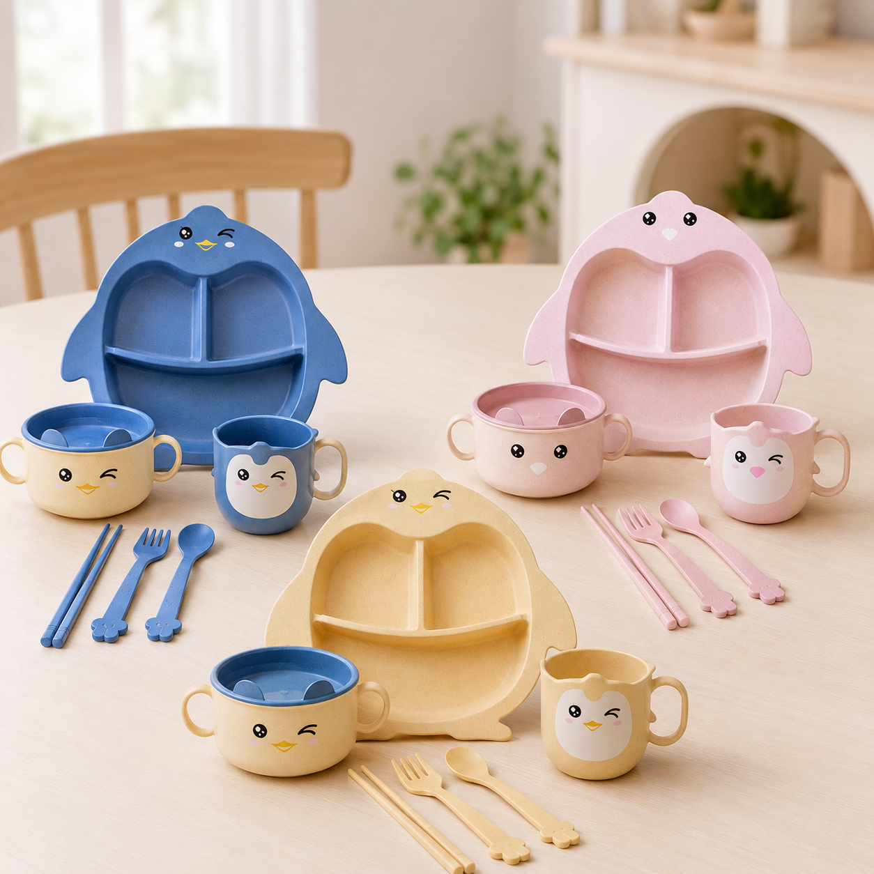 Set de Alimentación Infantil Pingüino de 5 Piezas con Plato Dividido, Bowl con Tapa, Taza y Cubiertos