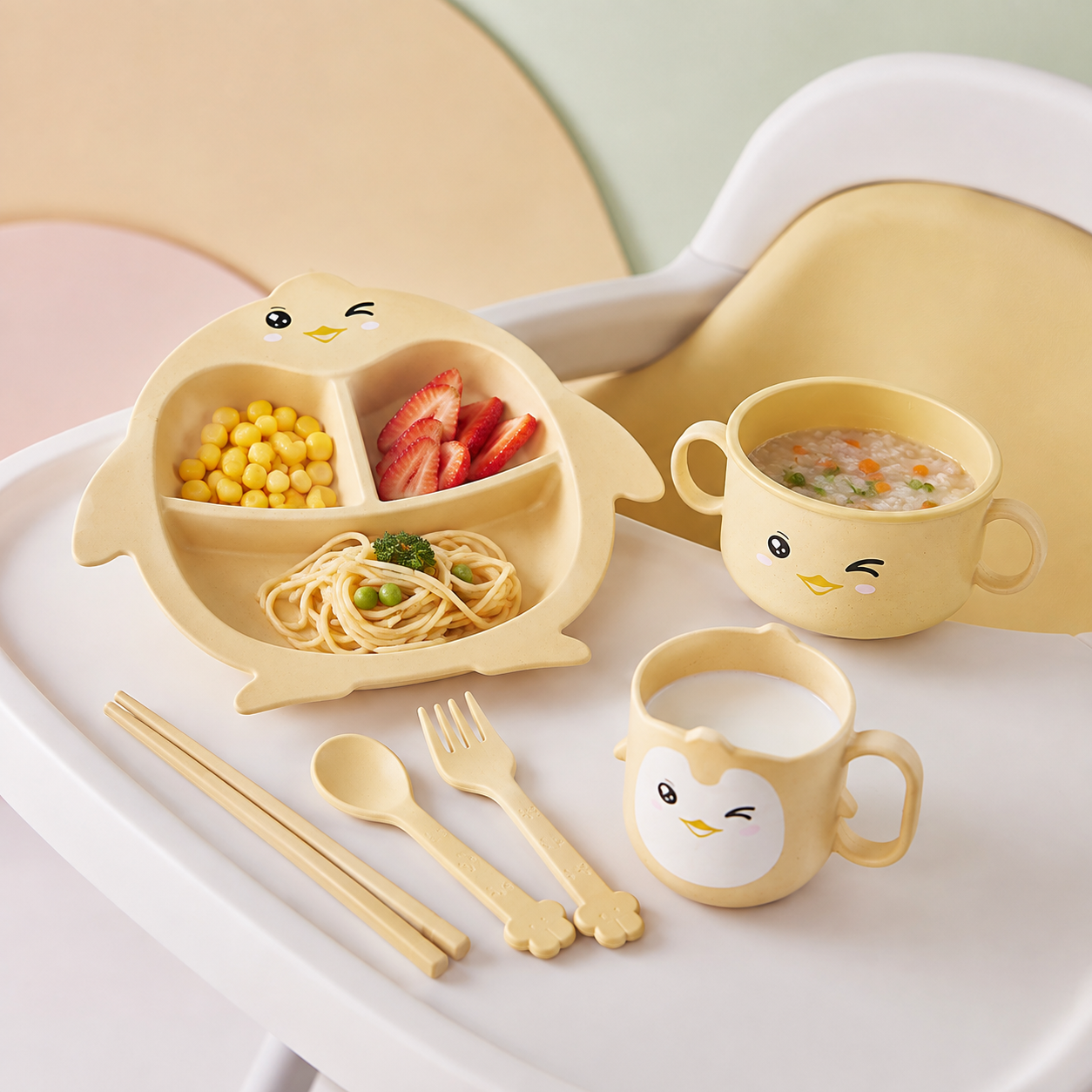 Set de Alimentación Infantil Pingüino de 5 Piezas con Plato Dividido, Bowl con Tapa, Taza y Cubiertos