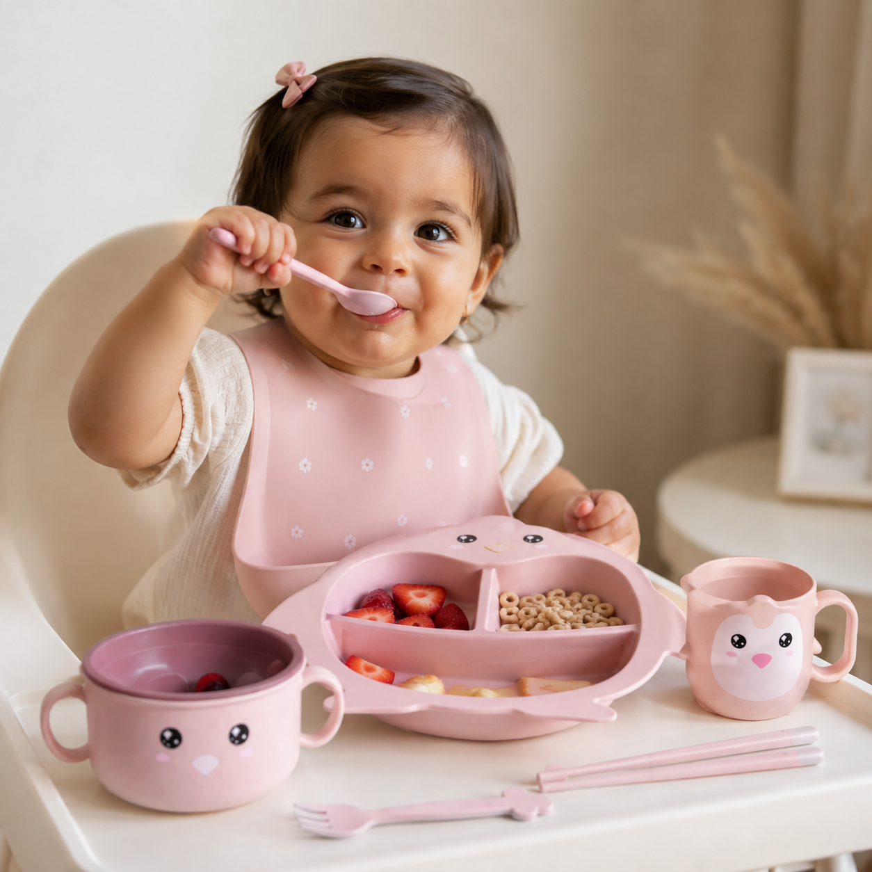 Set de Alimentación Infantil Pingüino de 5 Piezas con Plato Dividido, Bowl con Tapa, Taza y Cubiertos