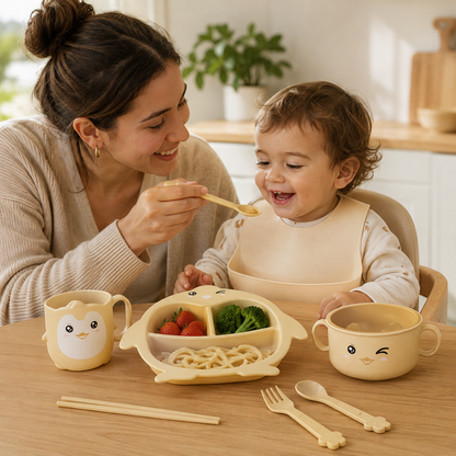 Set de Alimentación Infantil Pingüino de 5 Piezas con Plato Dividido, Bowl con Tapa, Taza y Cubiertos
