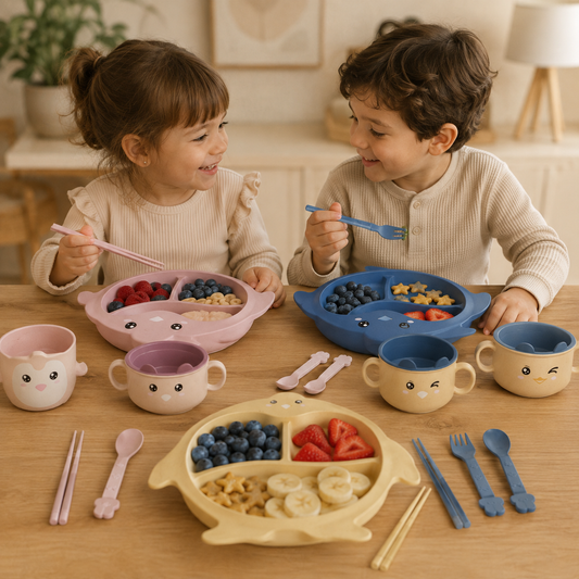 Set de Alimentación Infantil Pingüino de 5 Piezas con Plato Dividido, Bowl con Tapa, Taza y Cubiertos