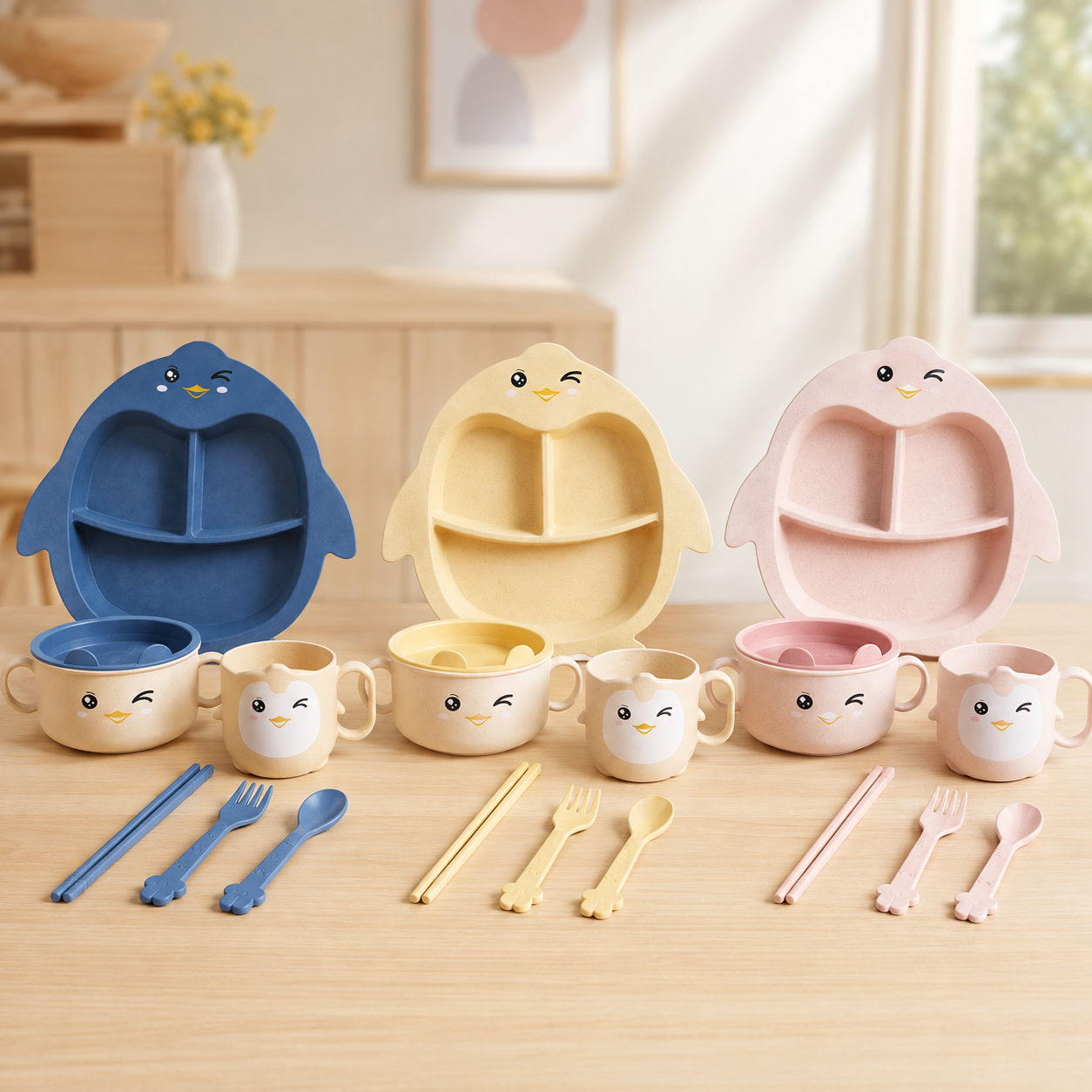 Set de Alimentación Infantil Pingüino de 5 Piezas con Plato Dividido, Bowl con Tapa, Taza y Cubiertos