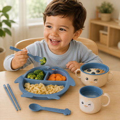 Set de Alimentación Infantil Pingüino de 5 Piezas con Plato Dividido, Bowl con Tapa, Taza y Cubiertos