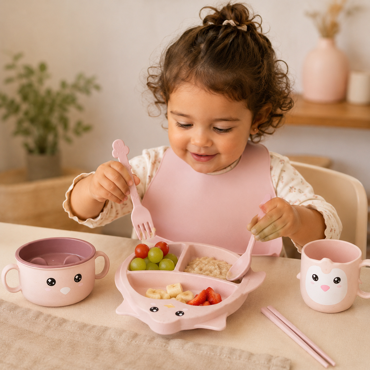 Set de Alimentación Infantil Pingüino de 5 Piezas con Plato Dividido, Bowl con Tapa, Taza y Cubiertos